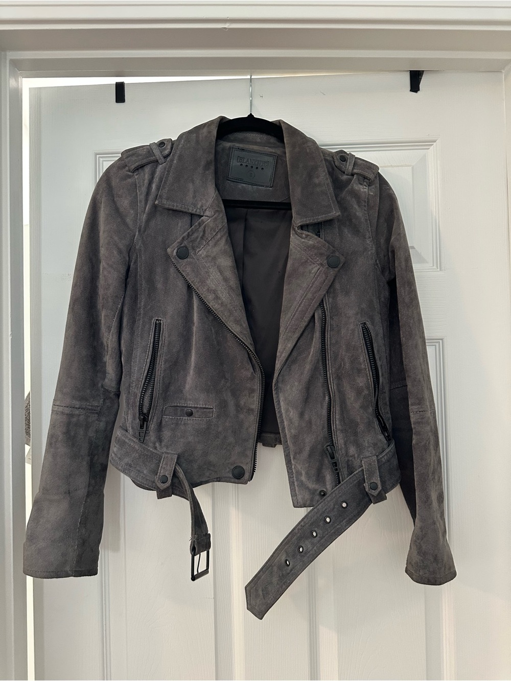 BlancNYC Gray Suede Belted Moto Jacket